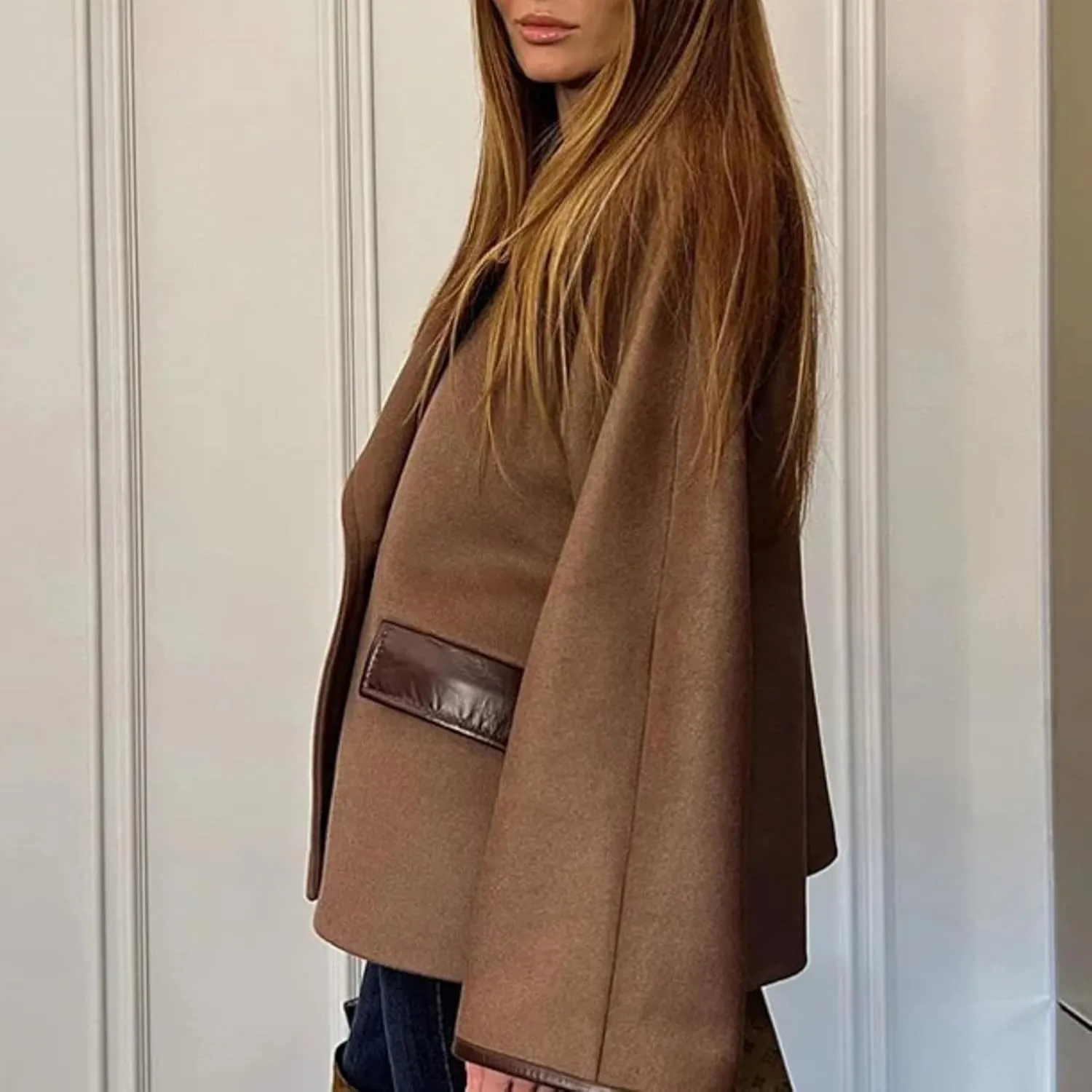 Dawery Khaki Wool Blends Women's Coats Lapel Faux Fur Patchwork Pocket Jacket Office Street Outerwears