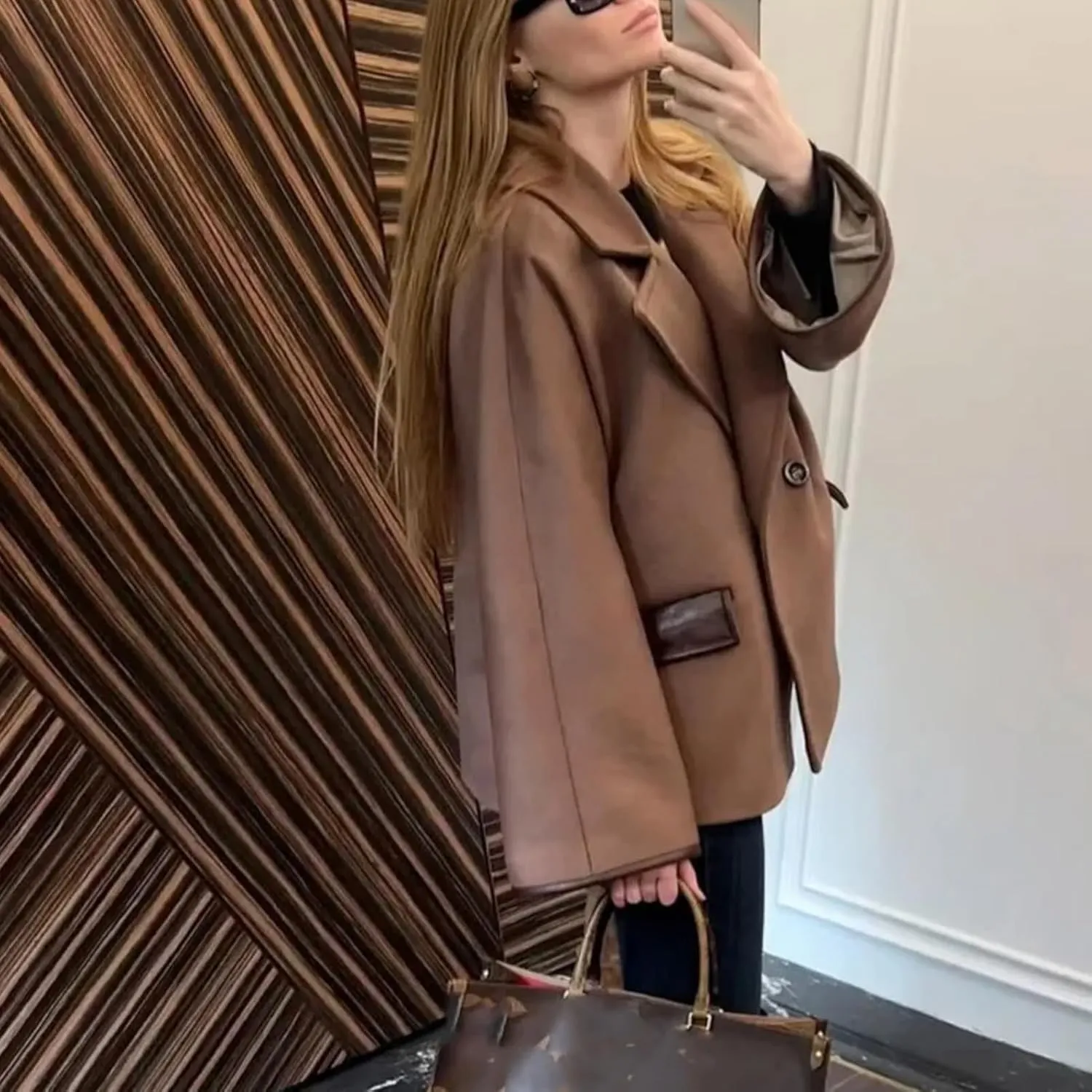 Dawery Khaki Wool Blends Women's Coats Lapel Faux Fur Patchwork Pocket Jacket Office Street Outerwears