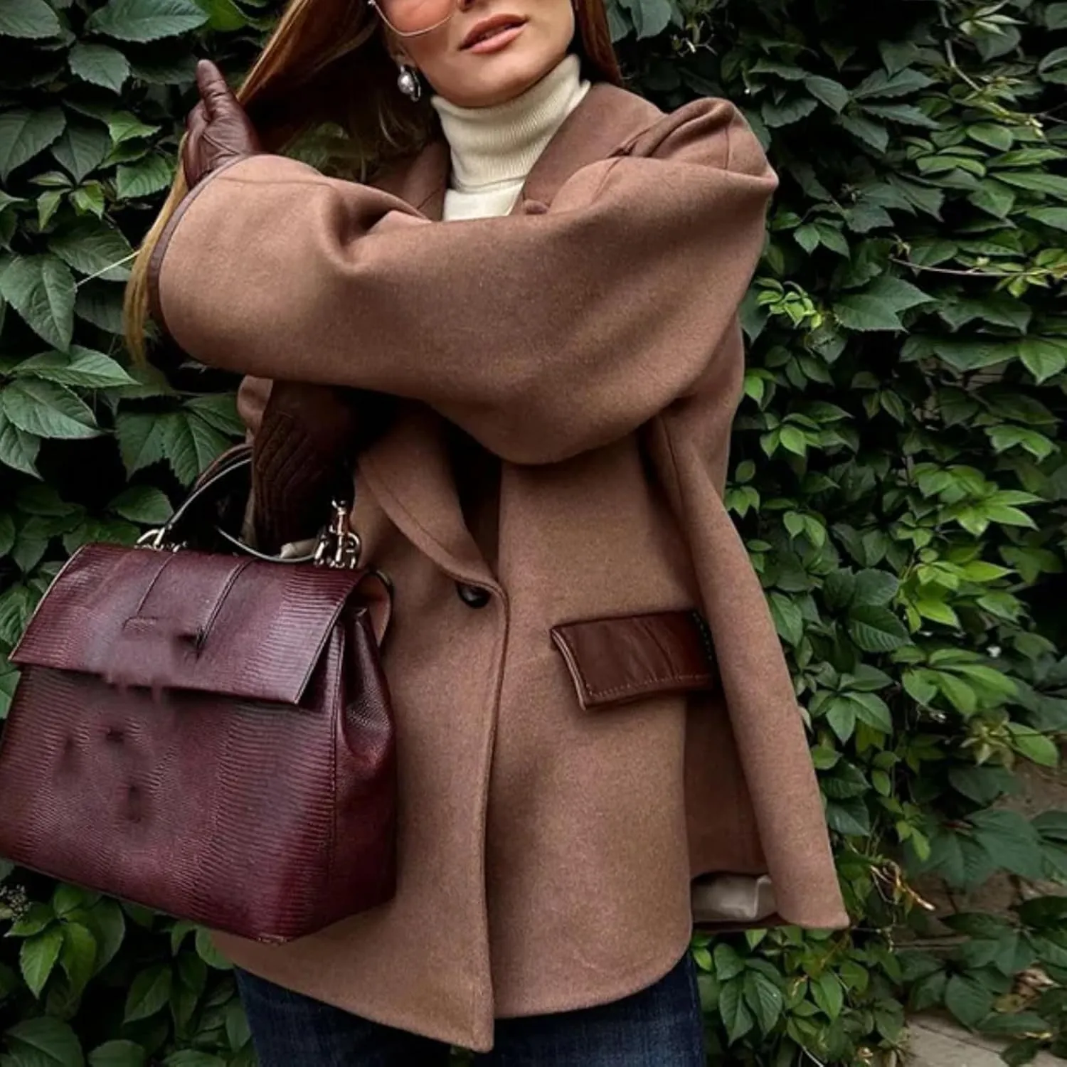 Dawery Khaki Wool Blends Women's Coats Lapel Faux Fur Patchwork Pocket Jacket Office Street Outerwears