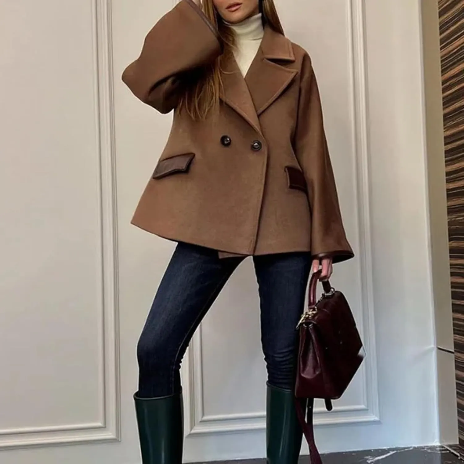 Dawery Khaki Wool Blends Women's Coats Lapel Faux Fur Patchwork Pocket Jacket Office Street Outerwears