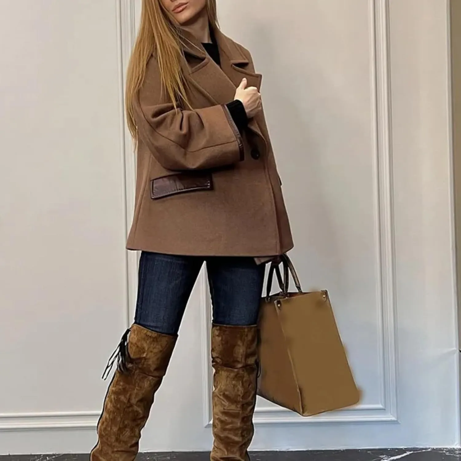 Dawery Khaki Wool Blends Women's Coats Lapel Faux Fur Patchwork Pocket Jacket Office Street Outerwears