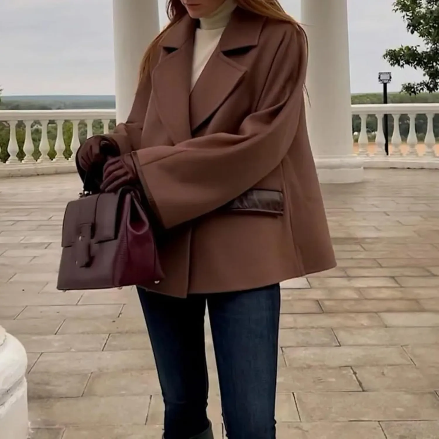 Dawery Khaki Wool Blends Women's Coats Lapel Faux Fur Patchwork Pocket Jacket Office Street Outerwears