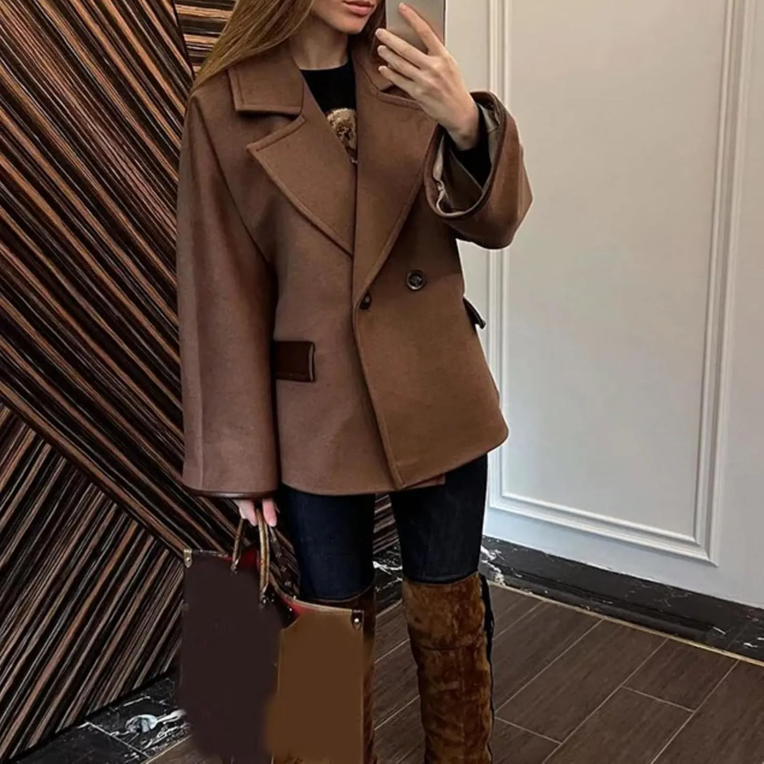 Dawery Khaki Wool Blends Women's Coats Lapel Faux Fur Patchwork Pocket Jacket Office Street Outerwears