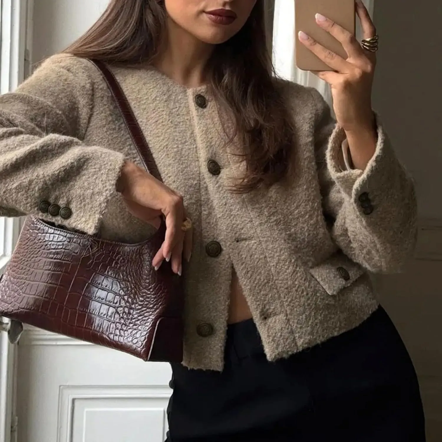 Dawery Women O-neck Single Breasted Cropped Coats Long Sleeve Wool Blends Fake Pockets Tops Autumn Streetwear