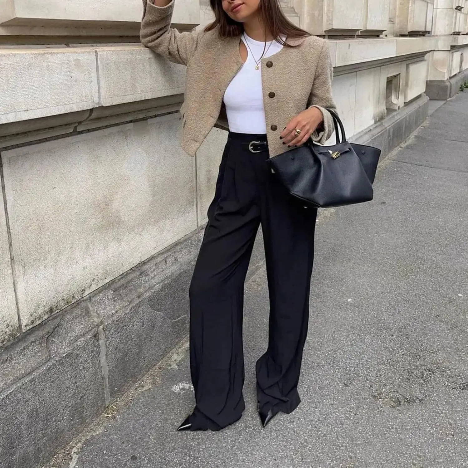 Dawery Women O-neck Single Breasted Cropped Coats Long Sleeve Wool Blends Fake Pockets Tops Autumn Streetwear