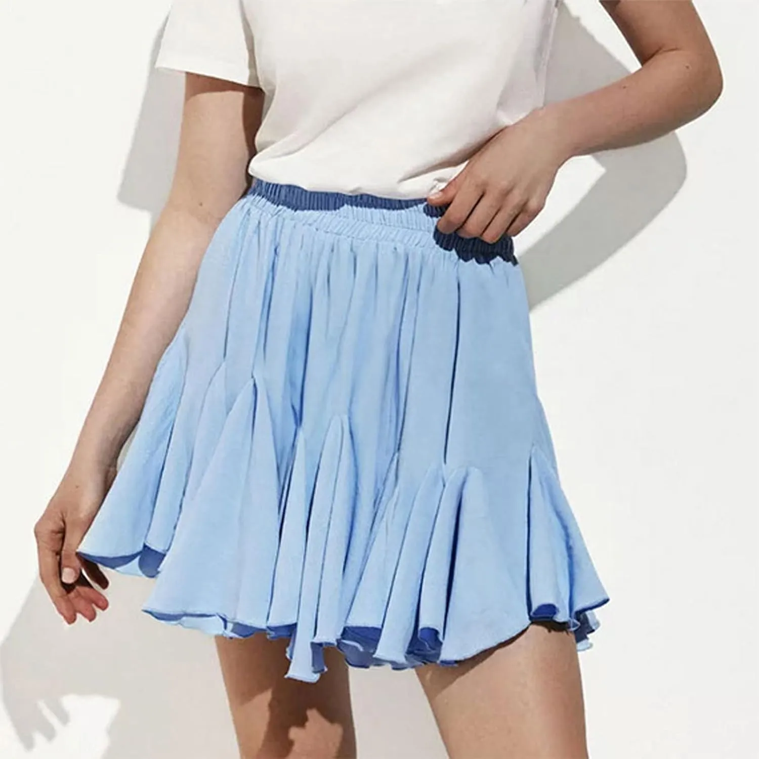 DDAPJ pyju Women's Flowy Skirts Casual Boho Ruffle Mini Skirts Pleated Elastic High Waist Skirt Cute Summer Clothes
