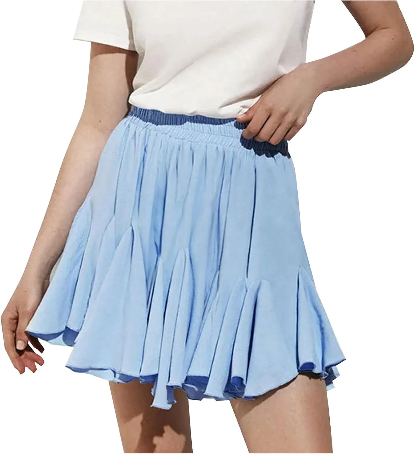 DDAPJ pyju Women's Flowy Skirts Casual Boho Ruffle Mini Skirts Pleated Elastic High Waist Skirt Cute Summer Clothes