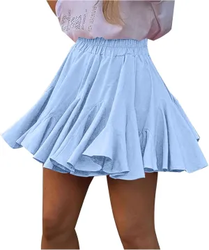 DDAPJ pyju Women's Flowy Skirts Casual Boho Ruffle Mini Skirts Pleated Elastic High Waist Skirt Cute Summer Clothes