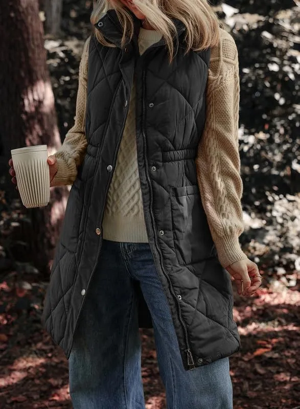 Dokotoo Women's Casual Winter Long Puffer Vest Stand Collar Sleeveless Puffy Jackets Coat with Pockets