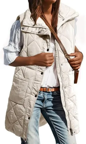 Dokotoo Women's Casual Winter Long Puffer Vest Stand Collar Sleeveless Puffy Jackets Coat with Pockets