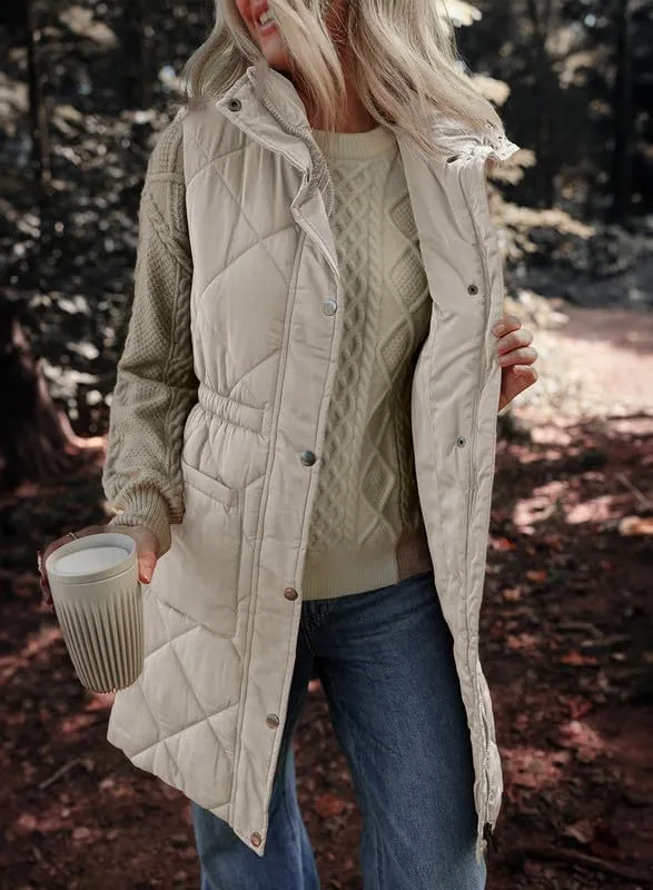 Dokotoo Women's Casual Winter Long Puffer Vest Stand Collar Sleeveless Puffy Jackets Coat with Pockets