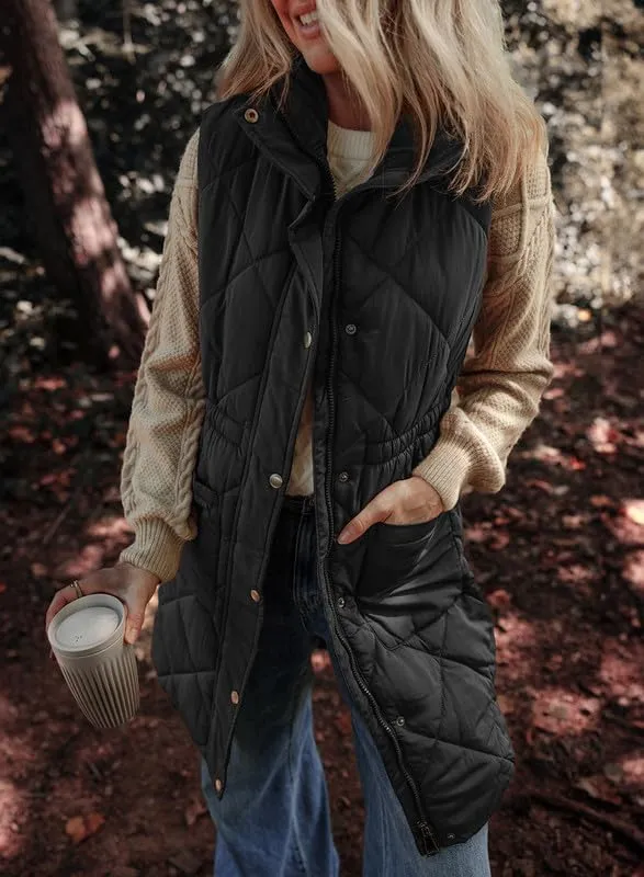 Dokotoo Women's Casual Winter Long Puffer Vest Stand Collar Sleeveless Puffy Jackets Coat with Pockets