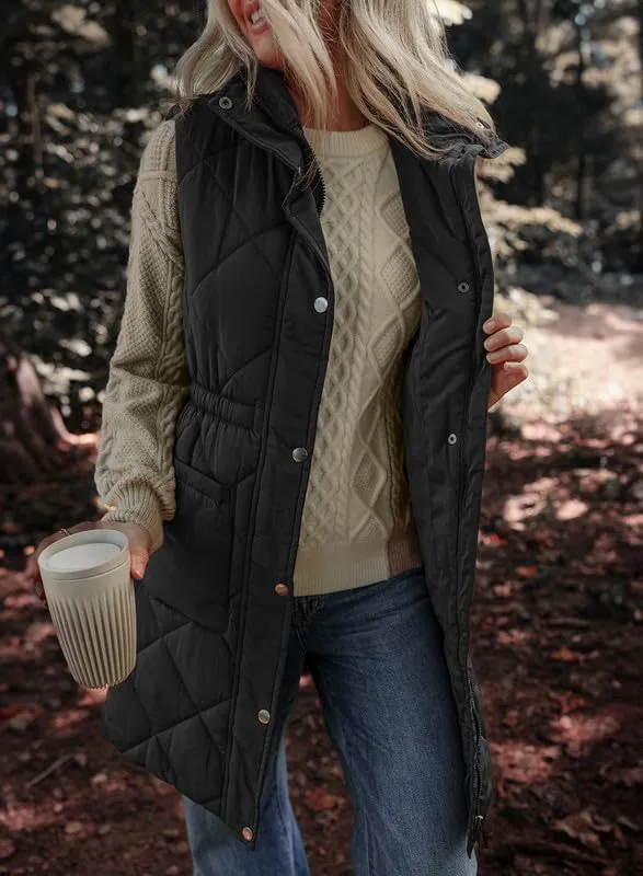 Dokotoo Women's Casual Winter Long Puffer Vest Stand Collar Sleeveless Puffy Jackets Coat with Pockets