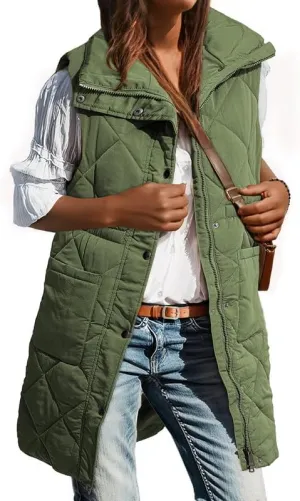 Dokotoo Women's Casual Winter Long Puffer Vest Stand Collar Sleeveless Puffy Jackets Coat with Pockets