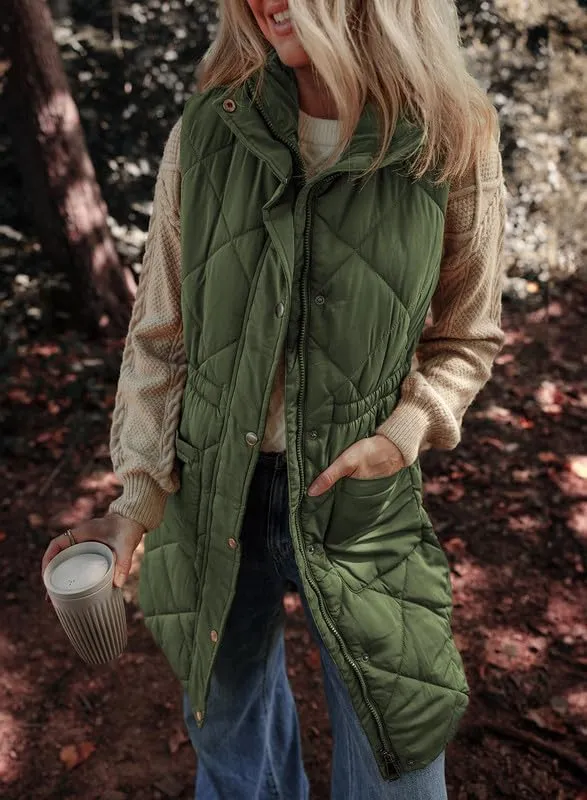 Dokotoo Women's Casual Winter Long Puffer Vest Stand Collar Sleeveless Puffy Jackets Coat with Pockets