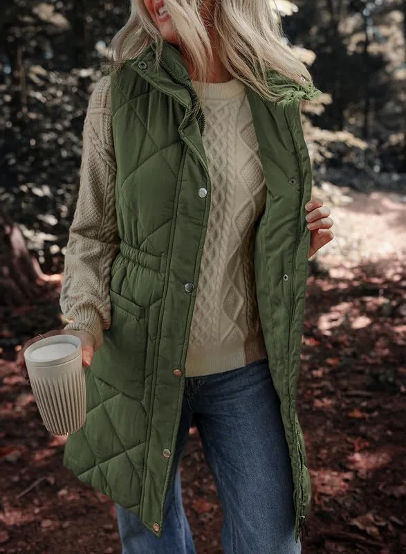 Dokotoo Women's Casual Winter Long Puffer Vest Stand Collar Sleeveless Puffy Jackets Coat with Pockets
