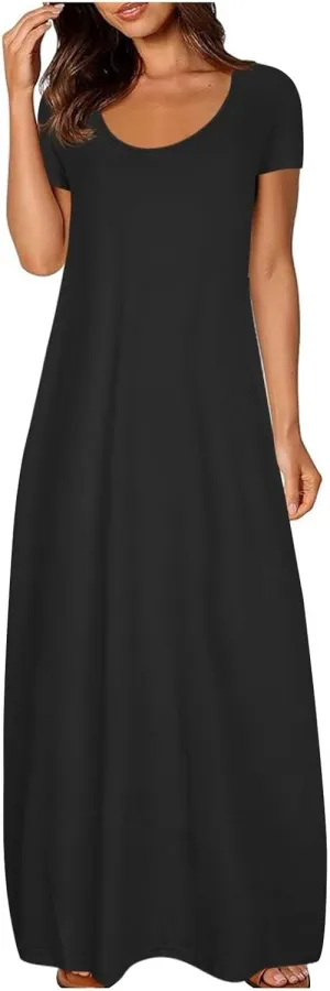 Dresses for Women 2025 Casual Summer Maxi Dresses Short Sleeve Round Neck Dress Plus Size Long Beach Vacation Sundress
