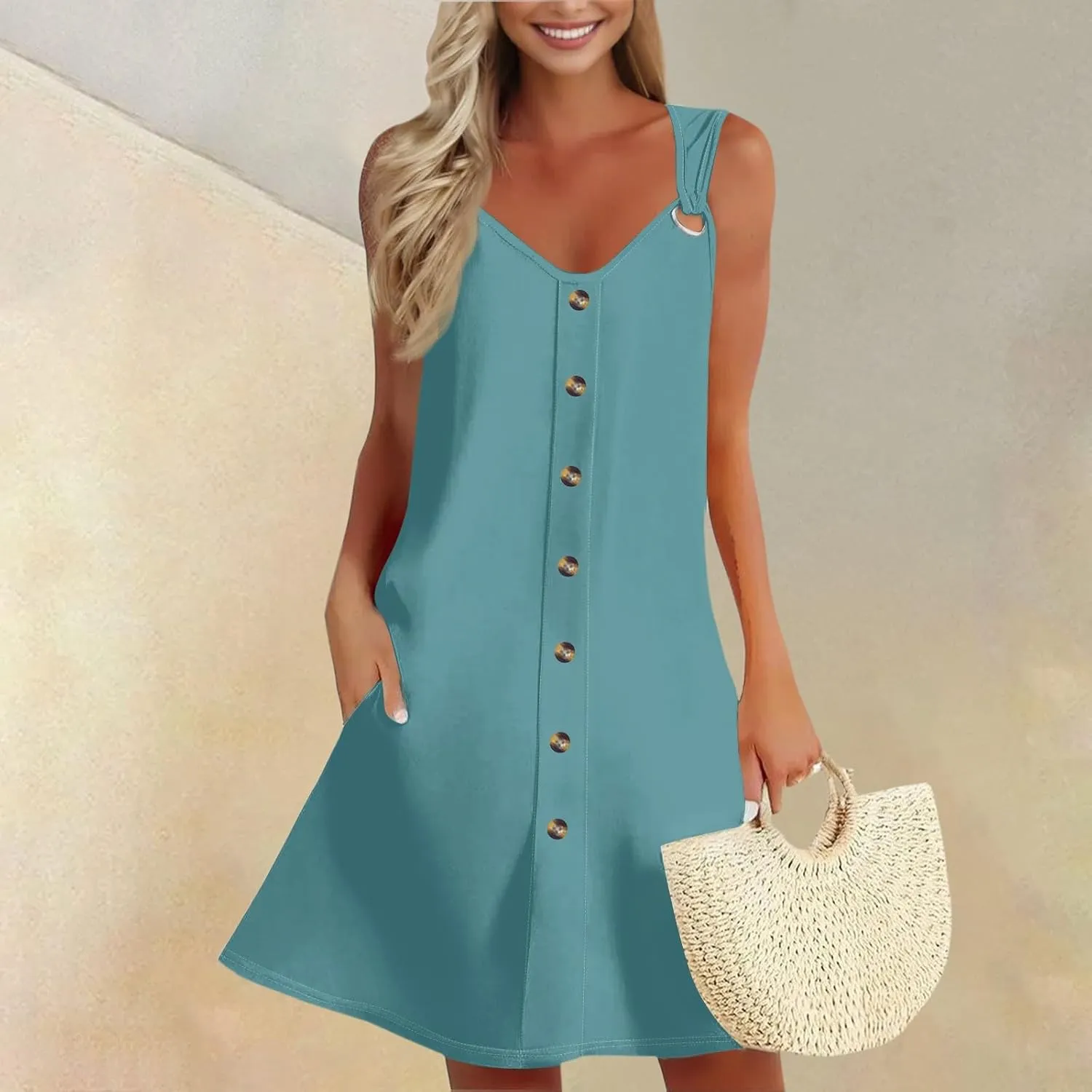 Dresses for Women 2025 Plus Size Sundress with Pockets Sleeveless v Neck Mini Dresses Sexy Vacation Summer Clothes