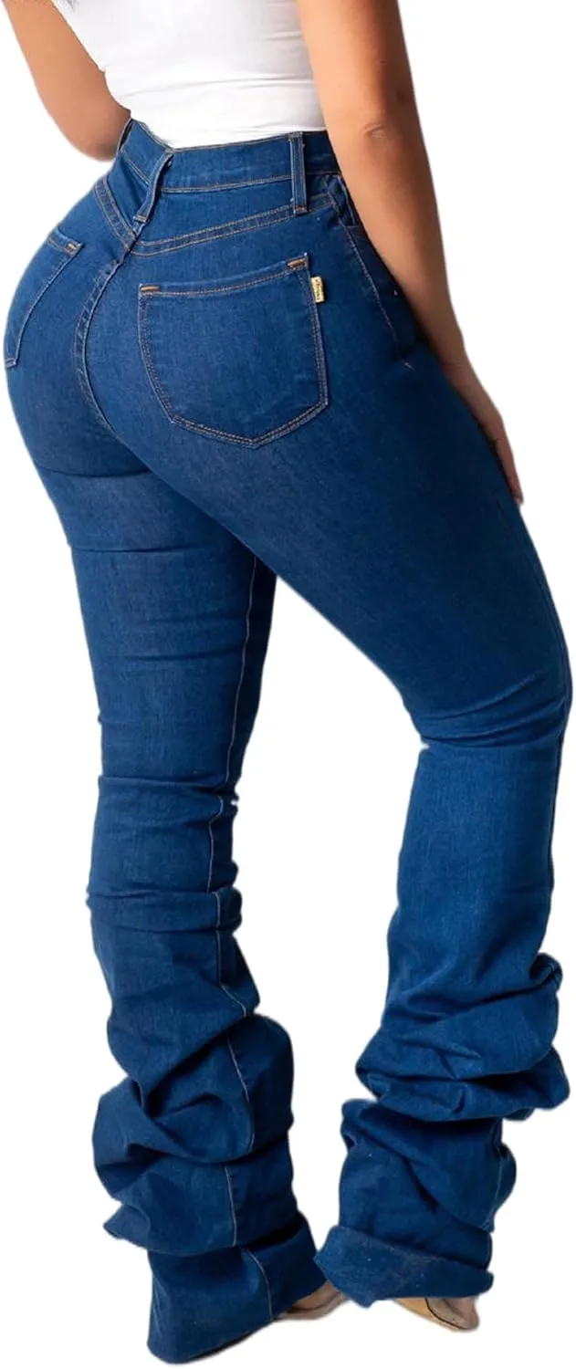ECDAHICC Women's Classic Stacked Denim Pants High Waist Skinny Stretch Jeans Long Trouser with Pockets