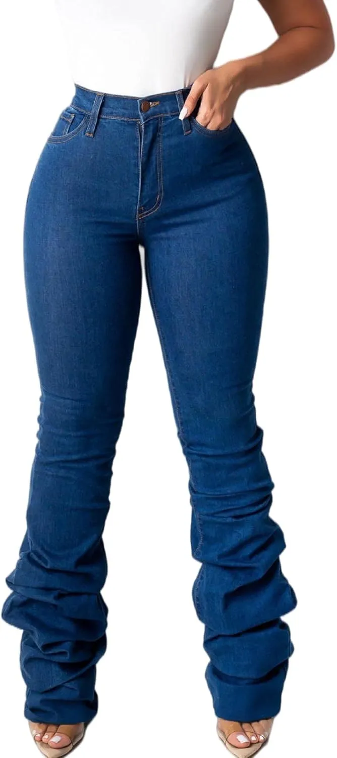 ECDAHICC Women's Classic Stacked Denim Pants High Waist Skinny Stretch Jeans Long Trouser with Pockets