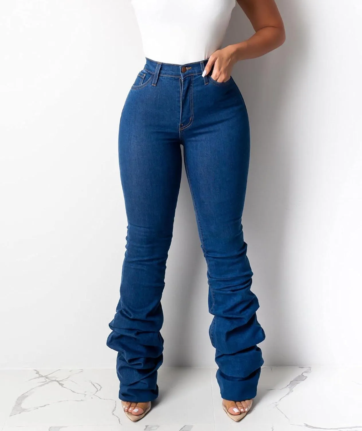 ECDAHICC Women's Classic Stacked Denim Pants High Waist Skinny Stretch Jeans Long Trouser with Pockets