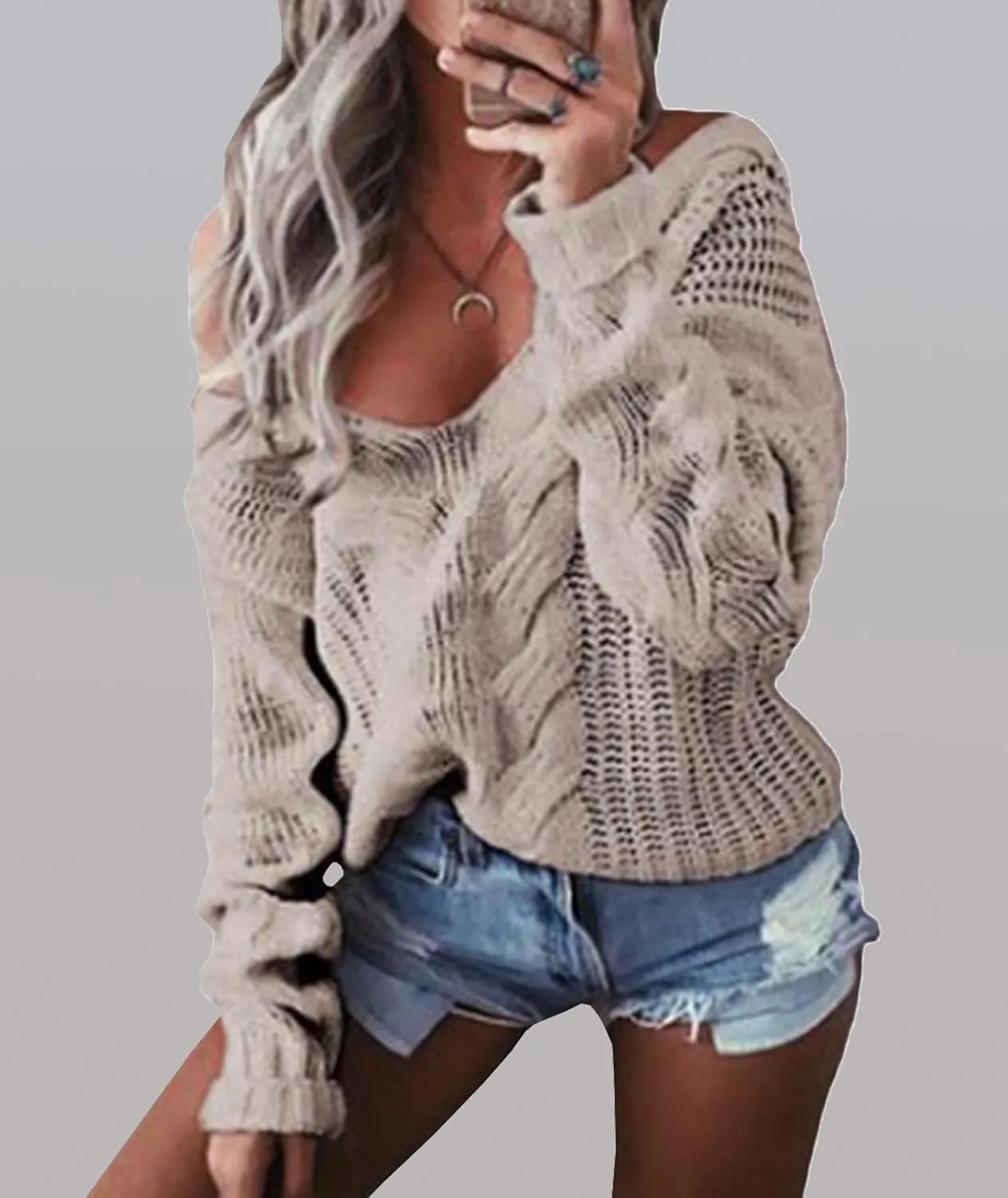ECDAHICC Women's Oversized Pullover Sweater Cable Knit Off Shoulder Pointelle Crochet Chunky Jumper Outwears