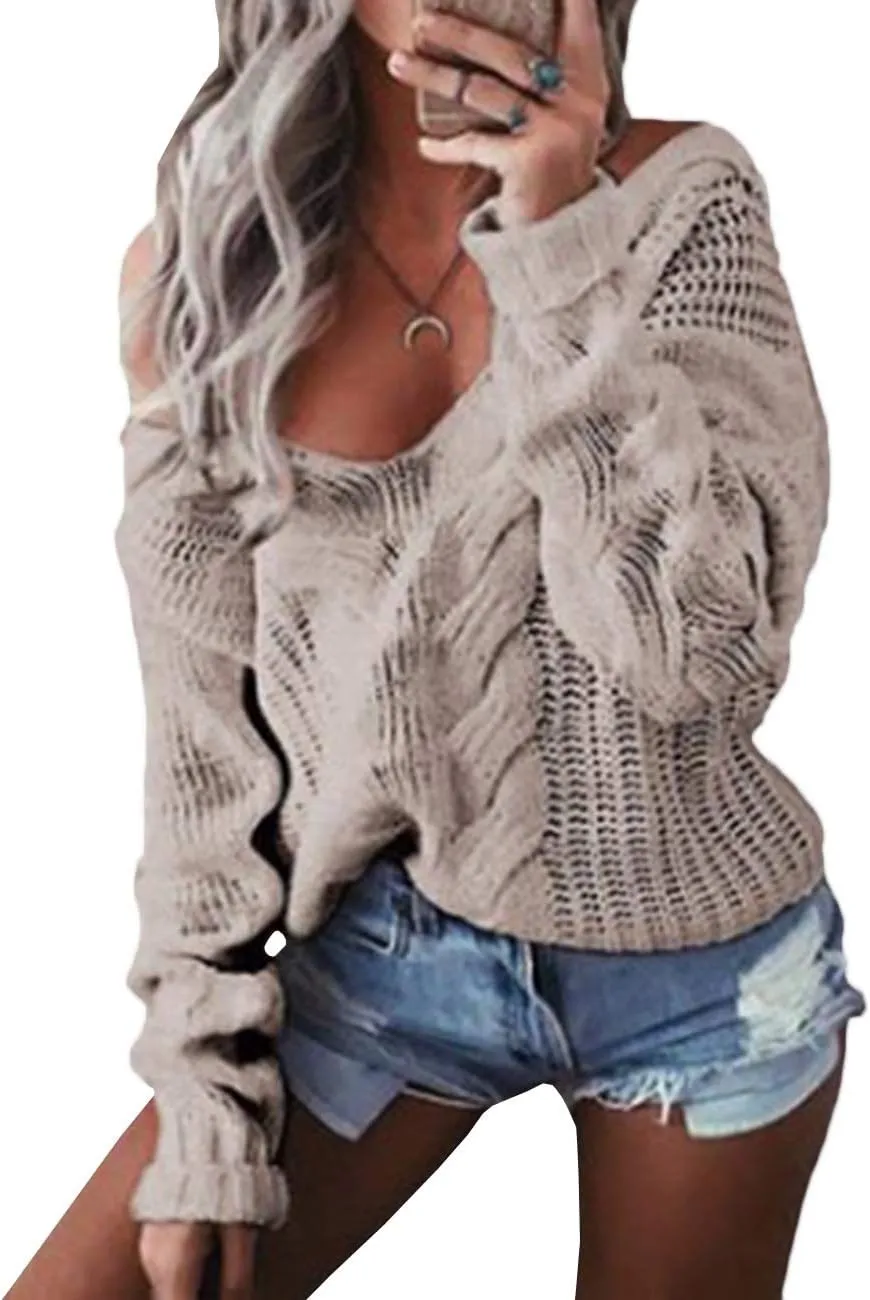 ECDAHICC Women's Oversized Pullover Sweater Cable Knit Off Shoulder Pointelle Crochet Chunky Jumper Outwears