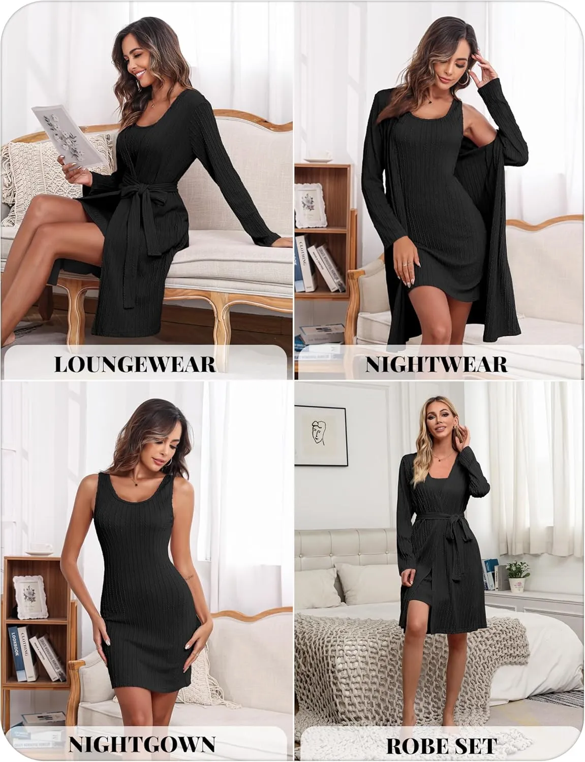 Ekouaer Robe Sets for Women Sleepwear Rib Knit Bodycon Nightgown with Robes Set 2 Piece Soft Lightweight Loungewear