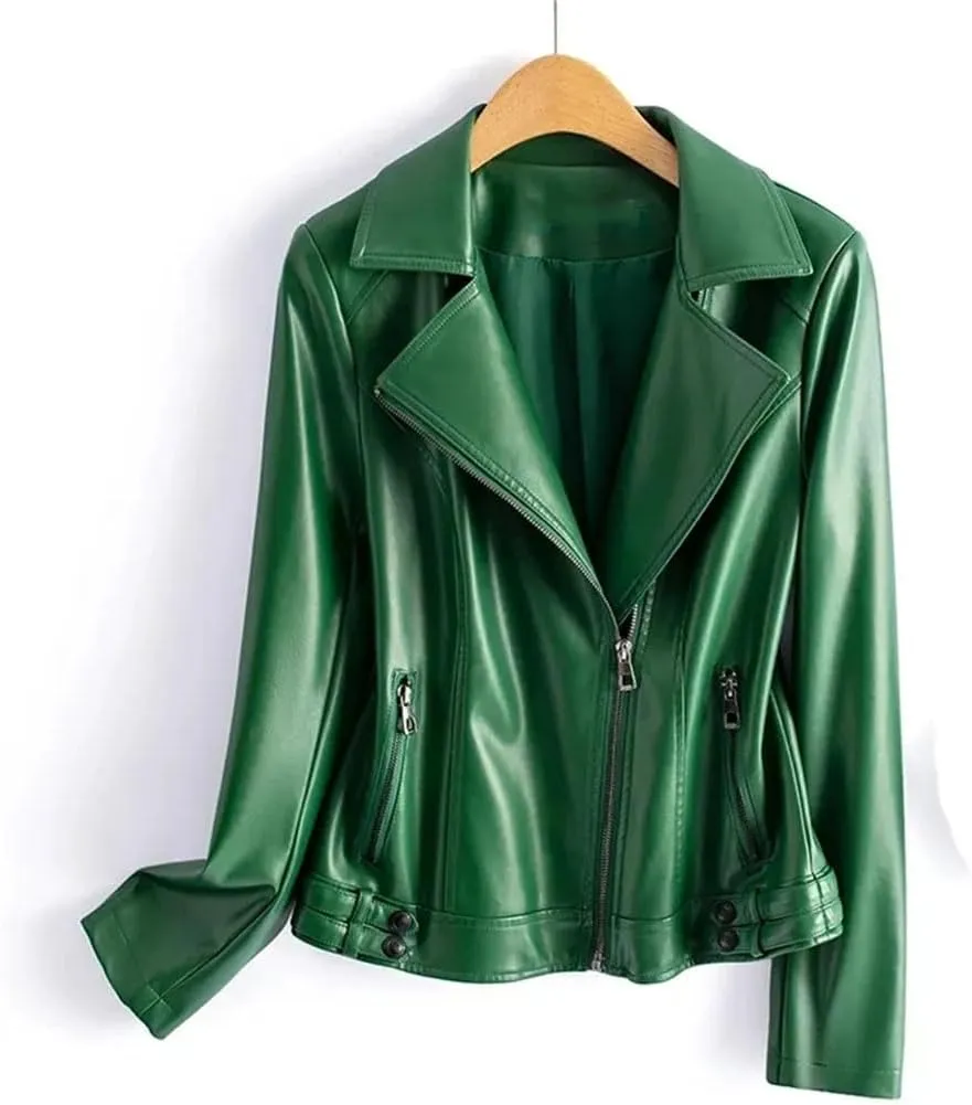 Fashion Jackets Women Lapel Collar Full Sleeve Leather Coats Casual Zipper Short Moto Biker Jackets