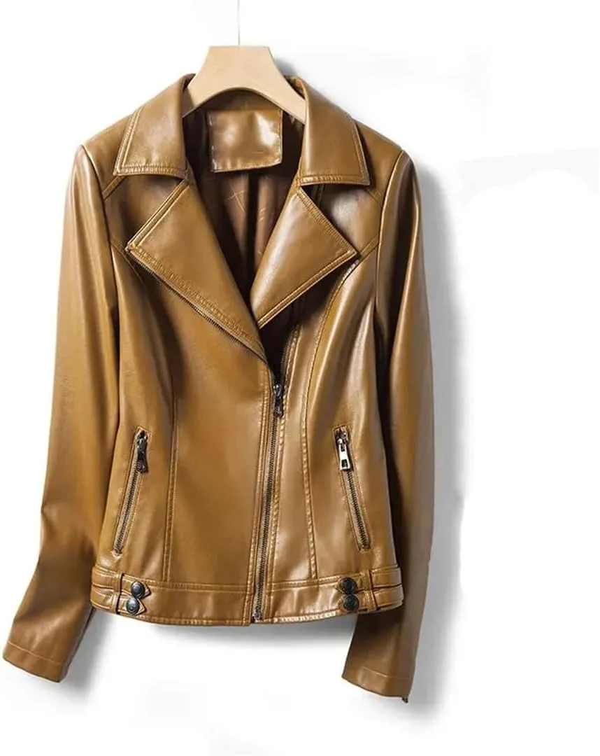 Fashion Jackets Women Lapel Collar Full Sleeve Leather Coats Casual Zipper Short Moto Biker Jackets