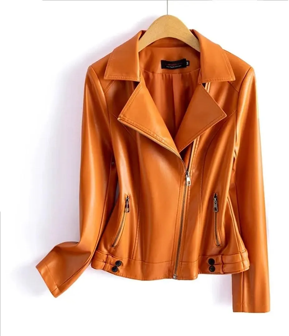 Fashion Jackets Women Lapel Collar Full Sleeve Leather Coats Casual Zipper Short Moto Biker Jackets