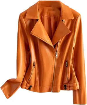 Fashion Jackets Women Lapel Collar Full Sleeve Leather Coats Casual Zipper Short Moto Biker Jackets