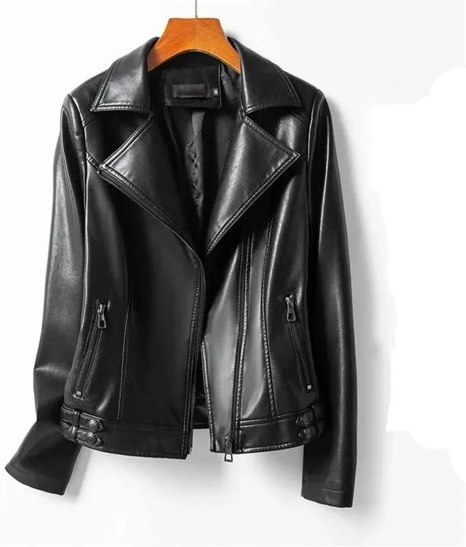 Fashion Jackets Women Lapel Collar Full Sleeve Leather Coats Casual Zipper Short Moto Biker Jackets