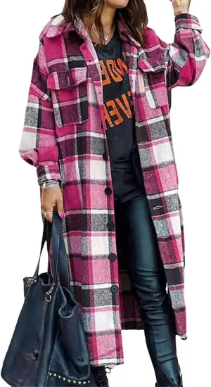 Flannel Shacket Women Long Trench Coat Button Down Plaid Jacket Casual Wool Blend Shirt Oversized Fall Outwear