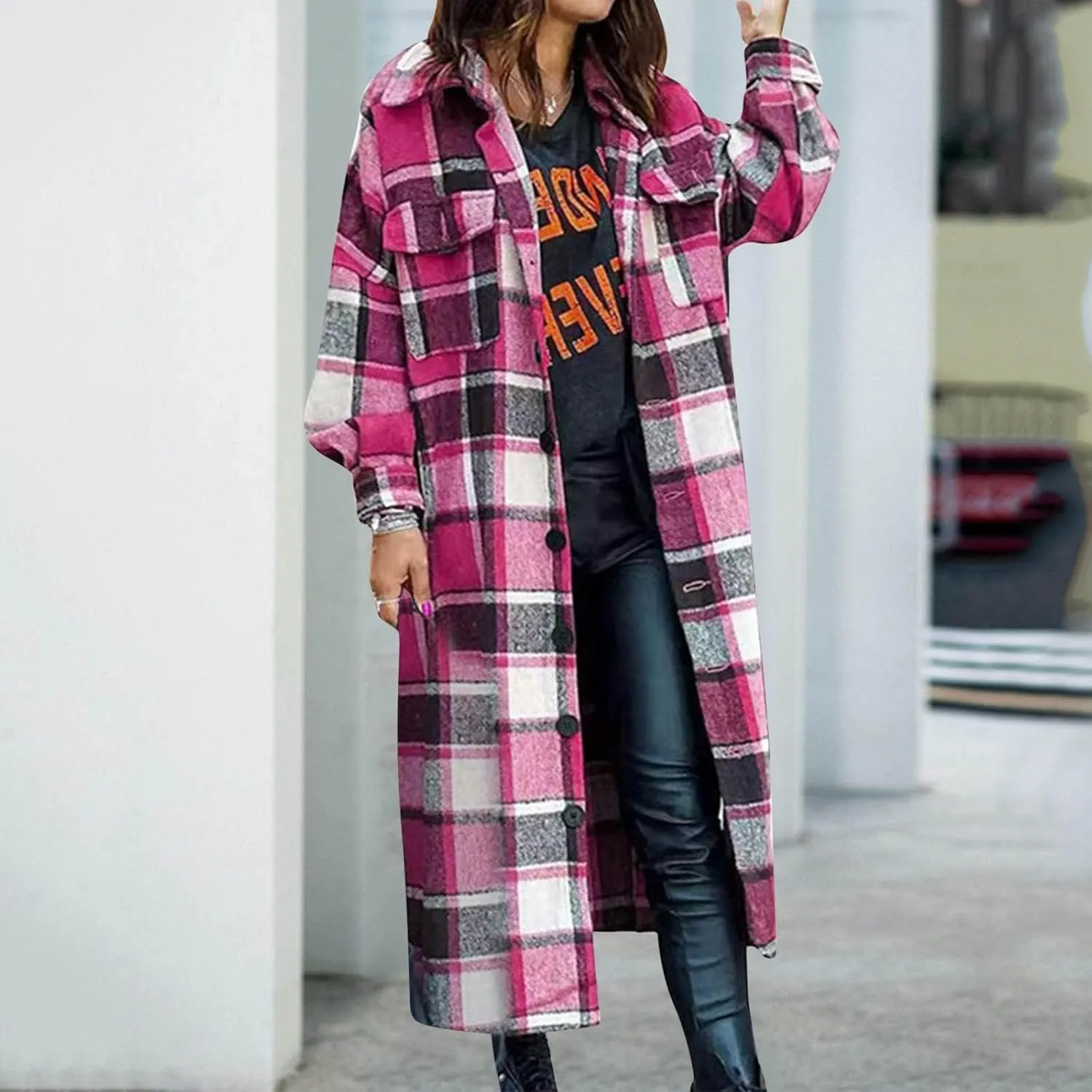 Flannel Shacket Women Long Trench Coat Button Down Plaid Jacket Casual Wool Blend Shirt Oversized Fall Outwear