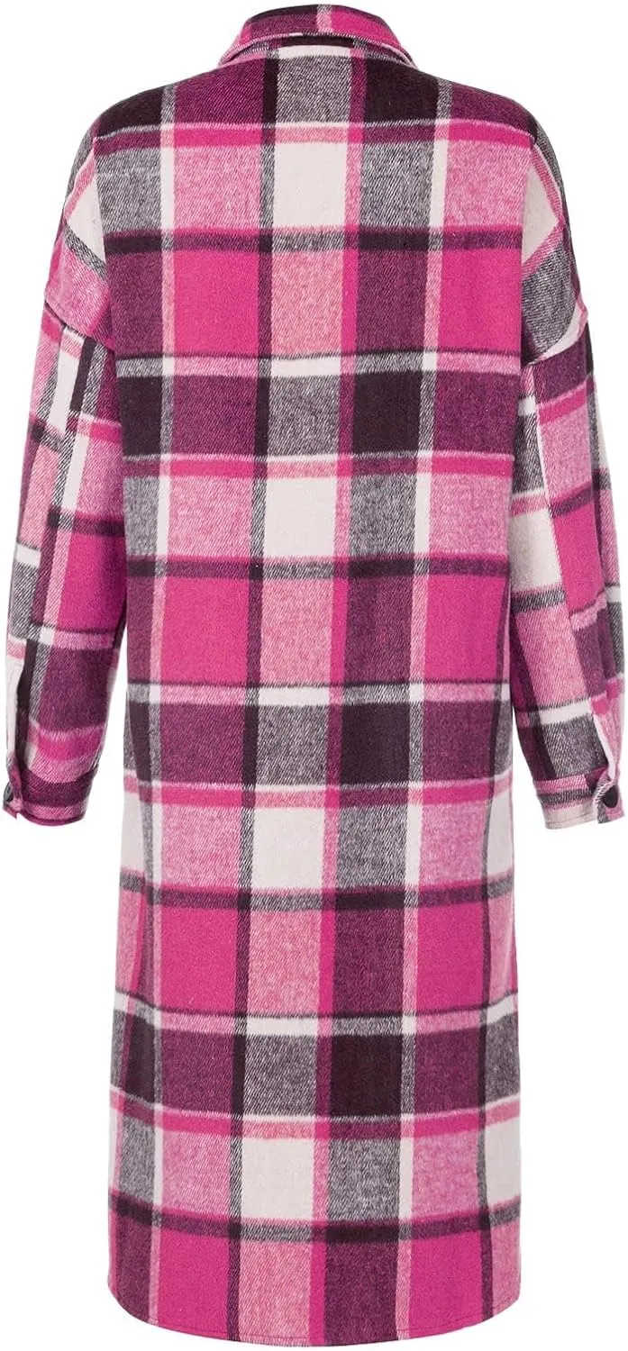 Flannel Shacket Women Long Trench Coat Button Down Plaid Jacket Casual Wool Blend Shirt Oversized Fall Outwear