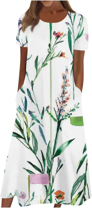 FlekmanArt Dresses for Women 2024 Pleated Round Neck Beach Dress Short Sleeve Pocket Maxi Dress Printed Elegant Dress
