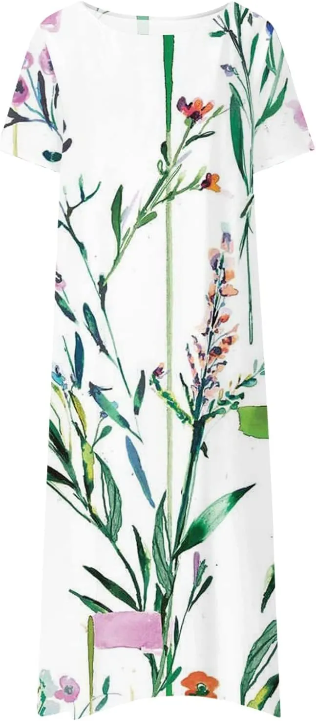 FlekmanArt Dresses for Women 2024 Pleated Round Neck Beach Dress Short Sleeve Pocket Maxi Dress Printed Elegant Dress