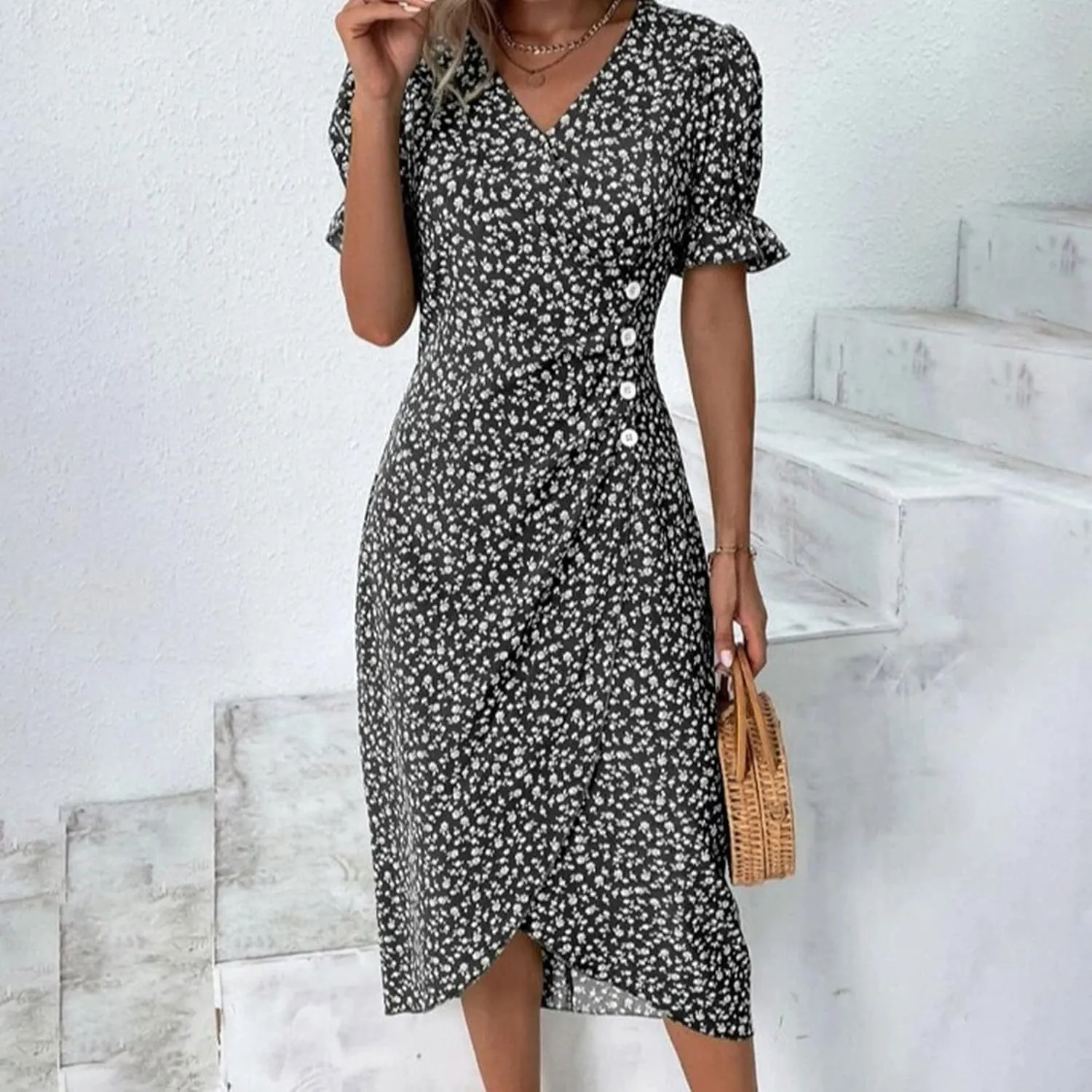 Floral Dress for Women 2025 Summer Boho Puff Short Sleeve V Neck Knee Length Wrap Dress Cute Petite Cruise Outfits