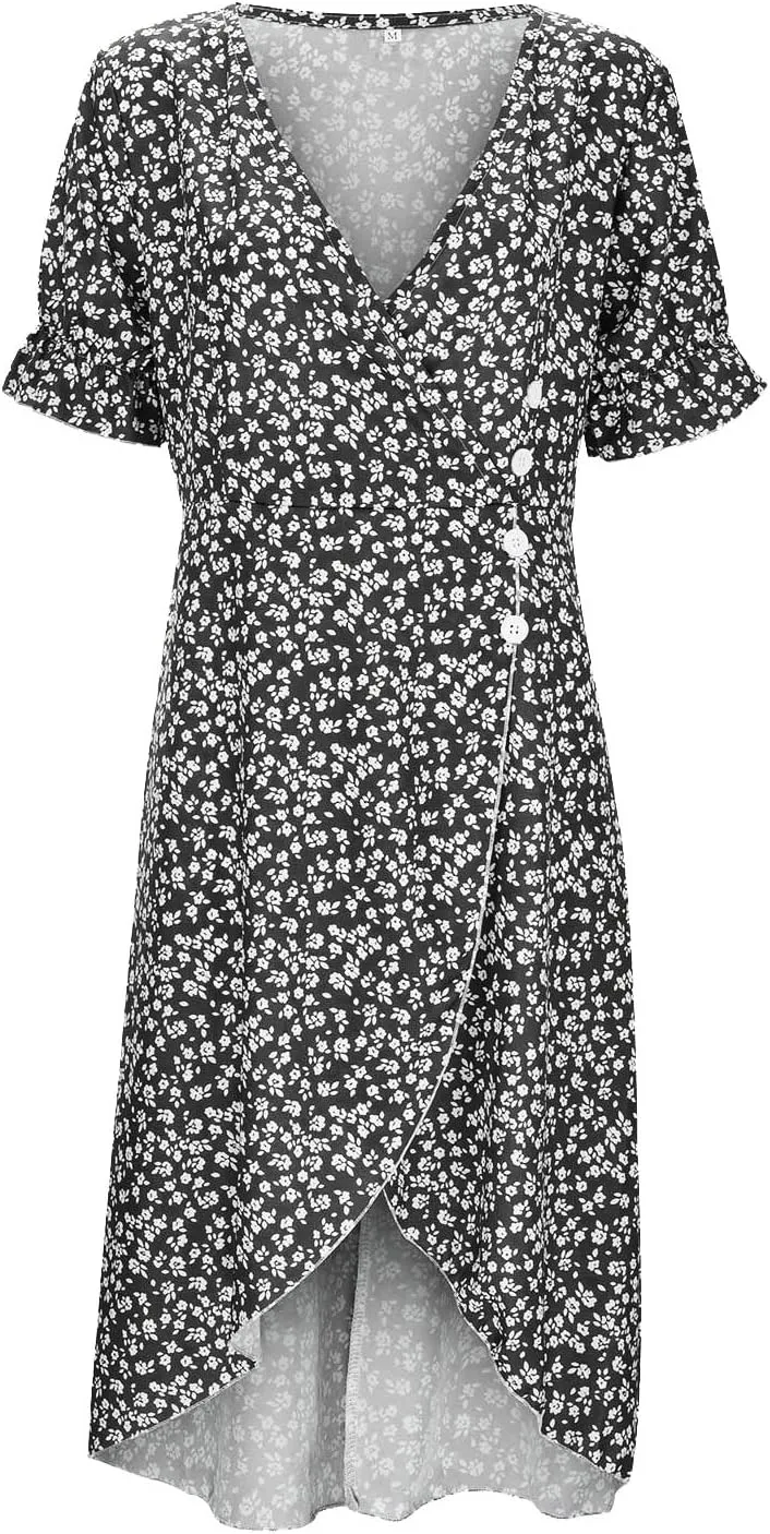 Floral Dress for Women 2025 Summer Boho Puff Short Sleeve V Neck Knee Length Wrap Dress Cute Petite Cruise Outfits