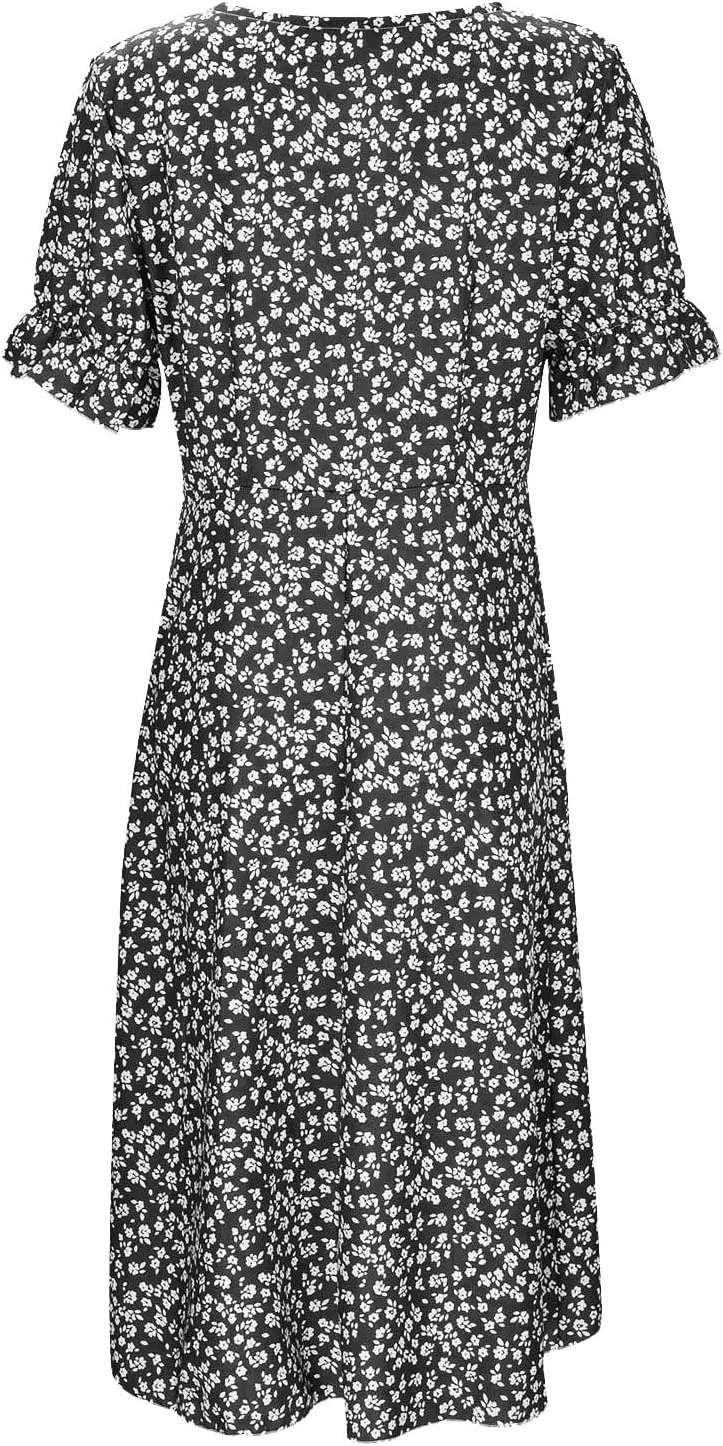 Floral Dress for Women 2025 Summer Boho Puff Short Sleeve V Neck Knee Length Wrap Dress Cute Petite Cruise Outfits