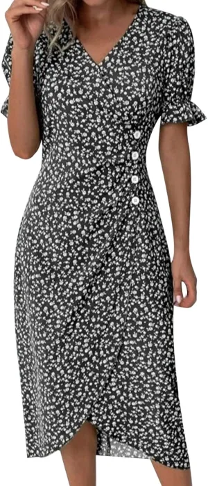 Floral Dress for Women 2025 Summer Boho Puff Short Sleeve V Neck Knee Length Wrap Dress Cute Petite Cruise Outfits