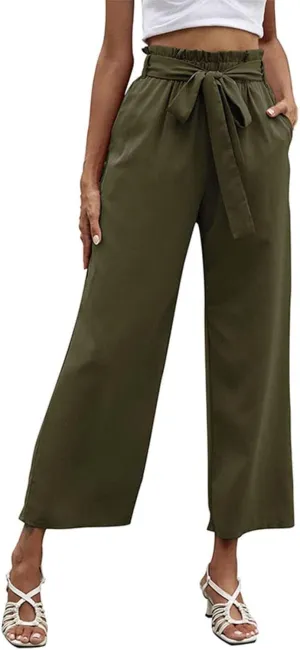 FZVYD Women's Summer Casual Pants Elastic Bow Tie High Waist Relaxed Fit Straight Wide Leg Business Trousers with Pockets