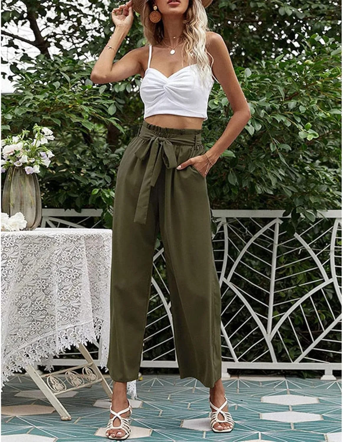 FZVYD Women's Summer Casual Pants Elastic Bow Tie High Waist Relaxed Fit Straight Wide Leg Business Trousers with Pockets
