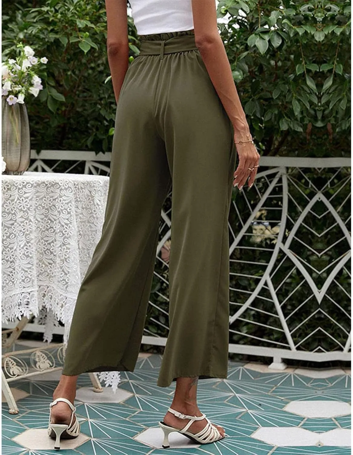 FZVYD Women's Summer Casual Pants Elastic Bow Tie High Waist Relaxed Fit Straight Wide Leg Business Trousers with Pockets
