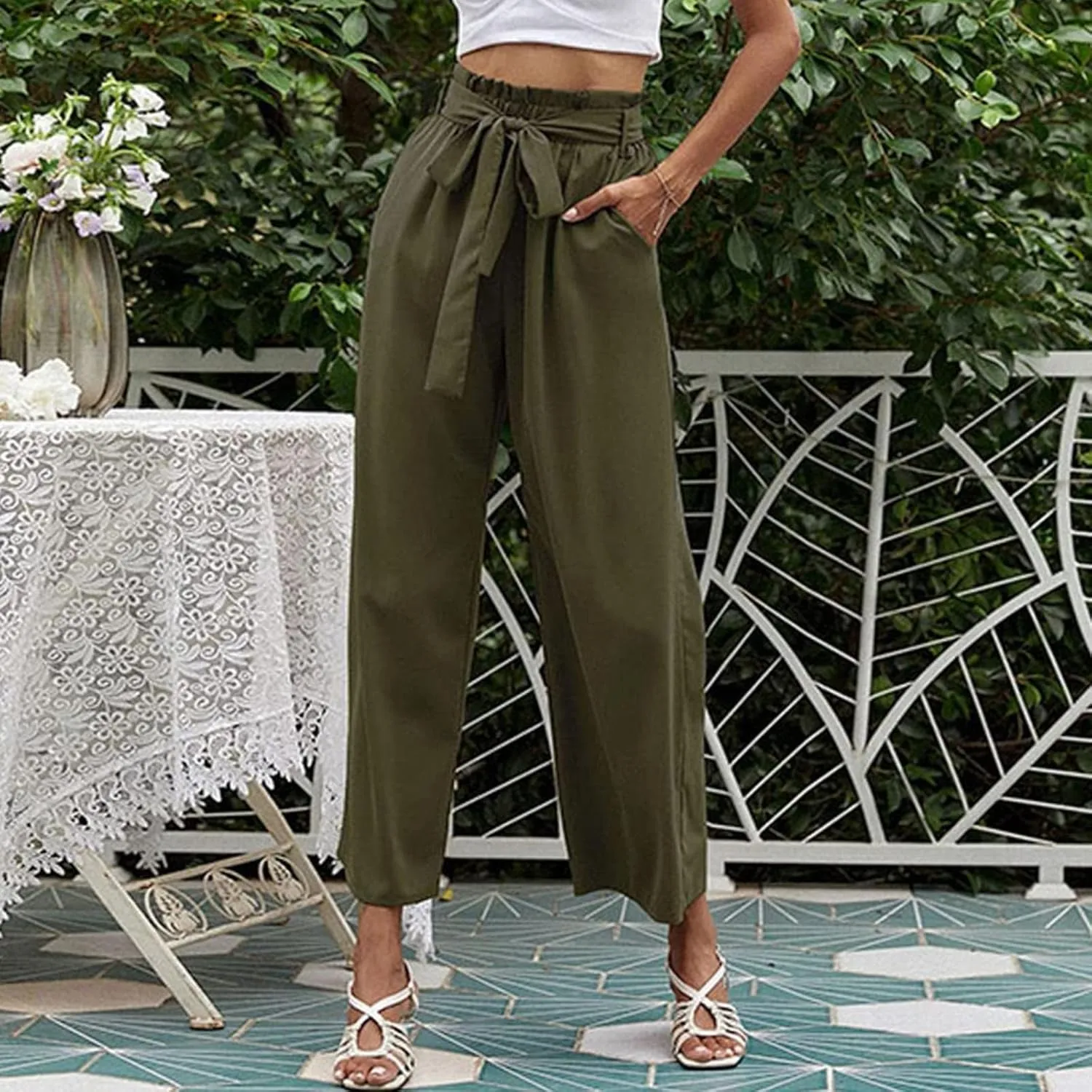 FZVYD Women's Summer Casual Pants Elastic Bow Tie High Waist Relaxed Fit Straight Wide Leg Business Trousers with Pockets