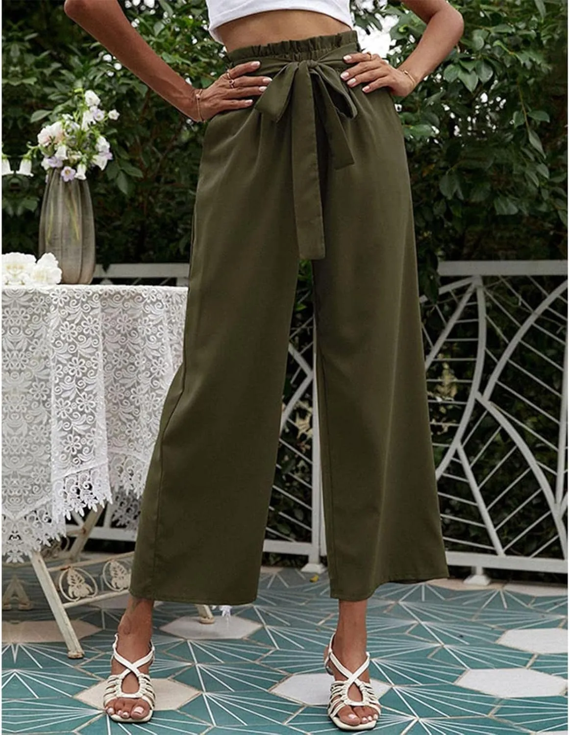 FZVYD Women's Summer Casual Pants Elastic Bow Tie High Waist Relaxed Fit Straight Wide Leg Business Trousers with Pockets