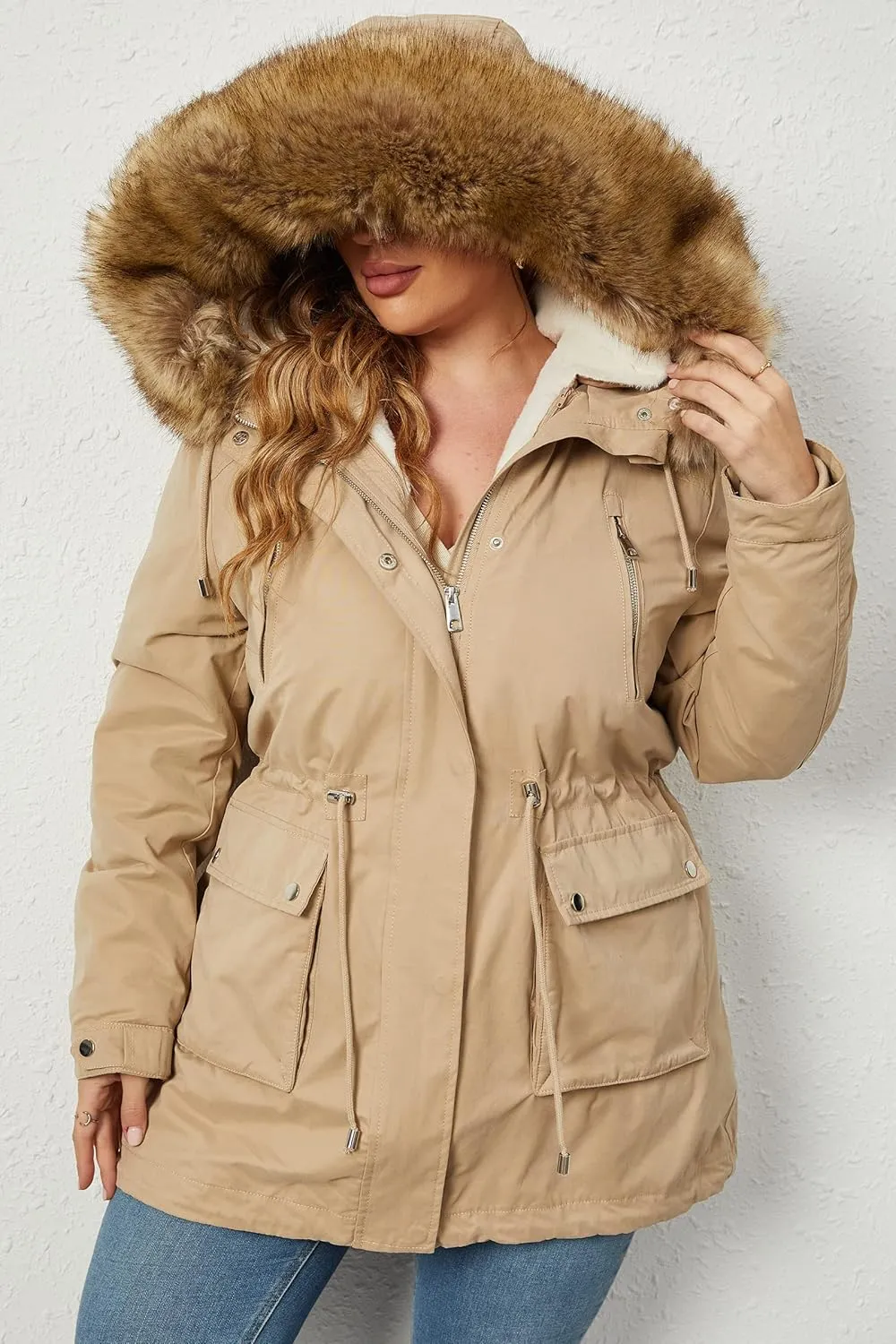 Geschallino Women's Parka Coat 3 in 1 Plus Size Winter Warm Fleece Lined Anoraks Thicken Hooded Outerwear (1X-5X)