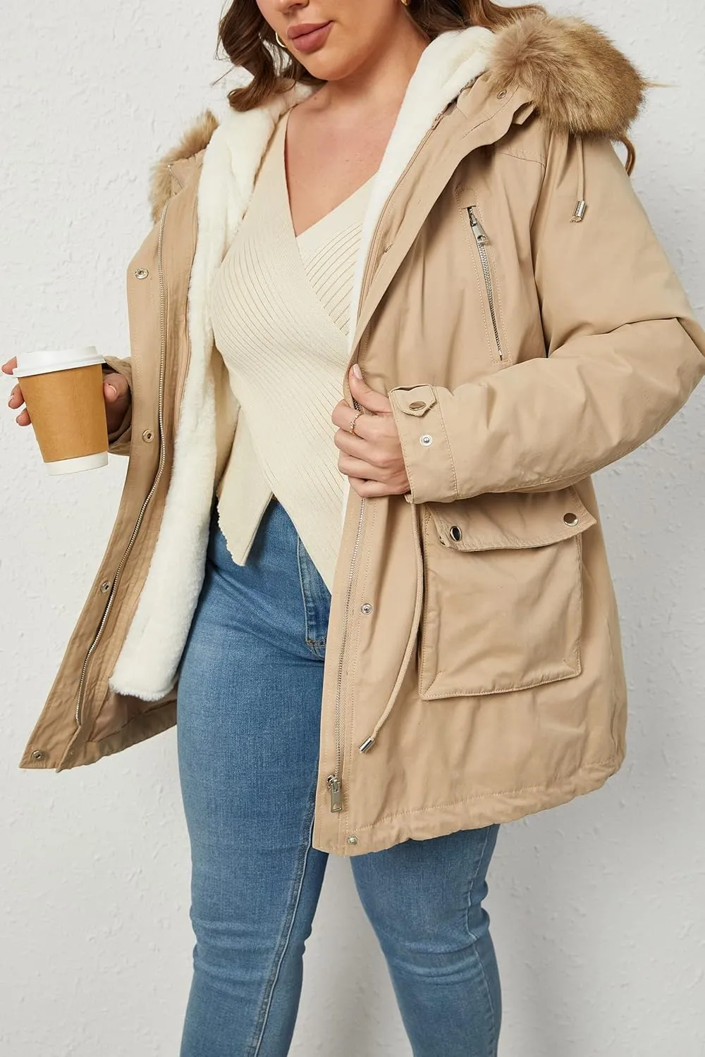 Geschallino Women's Parka Coat 3 in 1 Plus Size Winter Warm Fleece Lined Anoraks Thicken Hooded Outerwear (1X-5X)