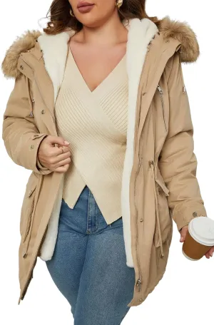 Geschallino Women's Parka Coat 3 in 1 Plus Size Winter Warm Fleece Lined Anoraks Thicken Hooded Outerwear (1X-5X)